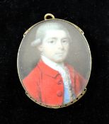 18th century English Schooloil on ivory,Miniature of gentleman wearing a red coat,1.5 x 1.25in.,