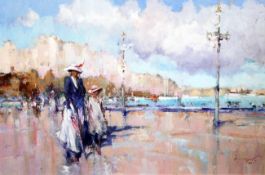 § Ken Moroney (b.1949)oil on panel,On the Esplanade,signed, Provenance: The Bourne Gallery,23.5 x