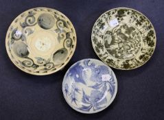 Three Chinese blue and white dishes, Swatow 17th / 18th century, the first in inky blue with a