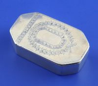 A George III octagonal silver snuff box, with bright cut decoration, Phipps & Robinson, London,