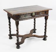 A late 17th century oak side table, with single frieze drawer, barley twist supports and shaped X
