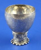 An 18th century German? silver pedestal goblet, with embosses stem and later engraved inscription