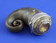 A Victorian silver mounted horn snuff mull, with cairngorm set lid, and retailed by ""Farouharson