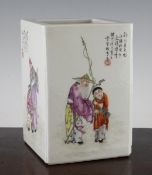 A Chinese famille rose square brush pot, painted to each side with the figure of a sage and a boy,