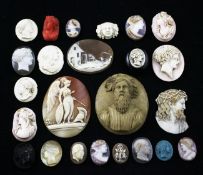 A group of twenty four 19th century and later unmounted cameos, including shell, hardstone, coral