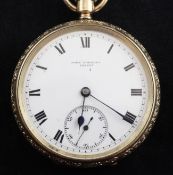 A George V 9ct gold keyless pocket watch by John Forrest of London, with floral banded case and