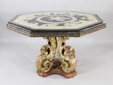 A 19th century continental octagonal centre table, with black and white scagliola top depicting