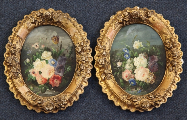 French Schoolpair of oils on board,Still lifes of flowers,ovals,4.5 x 3.5in.