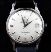 A gentleman`s 1960`s stainless steel Omega Constellation automatic wrist watch, with baton numerals