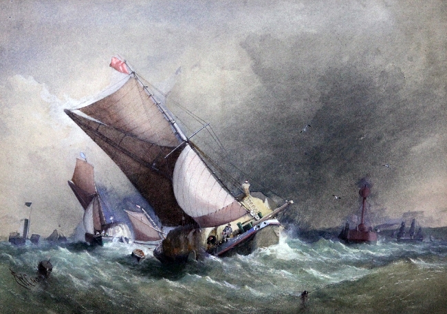 Edward William Cooke (1811-1880)watercolour,Sail barges in a heavy sea,monogrammed and dated 1840,