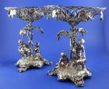 A pair of Victorian silver plated centrepieces, with engraved armorial and monogram and wire work