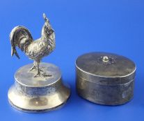 A George V silver model of a cockerel on a silver mounted wooden plinth, William Edward Hurcomb,