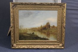 19th century English Schooloil on board,Angler in a river landscape,15.5 x 19.5in.