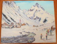 Deirdre Henty-Creer (1928-2012)oil on board,Alpine landscape with children skiing,signed,16 x