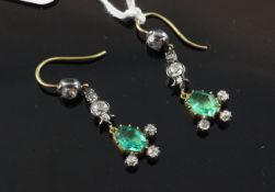 A pair of Victorian style gold and silver, emerald and diamond set drop earrings, 1.25in.