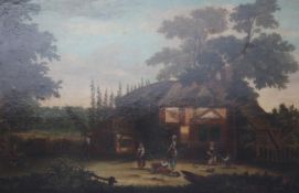 19th century English schooloil on canvas,Hop pickers beside a thatched house,29ins x39ins