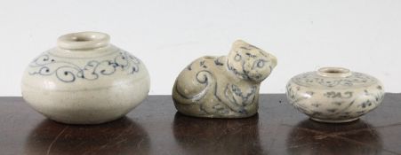 Two Annamese blue and white jarlets and a similar `cat and kitten` water dropper, 14th century, the