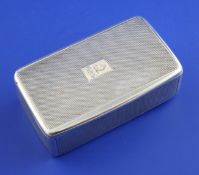 A George IV engine turned silver snuff box, of plain rectangular form, with initialled crest, Maria