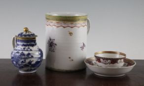 A Chinese export quart mug, teabowl and saucer, and a covered milk jug, Qianlong period, the mug