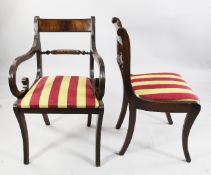 A set of ten Regency style mahogany dining chairs, includes a pair of carvers with scroll arms,