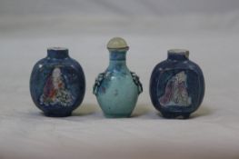 Three Chinese robin`s-egg glazed snuff bottles, 1800-1900, two painted to each side in famille rose