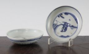 Two Chinese Ming blue and white saucer dishes, 15th / 16th century, the first painted with a seated
