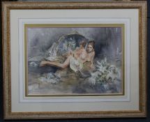 Gordon King (1939-)watercolour,Reclining nude, mirror and lilies,signed,14 x 20in.