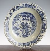 A Chinese Ming blue and white dish, Swatow, 17th century, with scalloped edge and flattened mouth