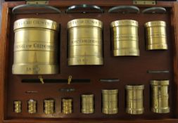 A mahogany cased graduated set of twelve brass apothecary measures, 40 fl.oz to 1 fl. drachm, each