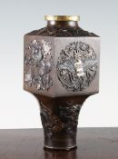 A Japanese bronze shakudo and mixed metal vase, Meiji period, the cube shaped body relief decorated