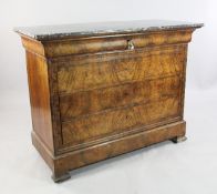 A late 19th century French walnut marble topped commode, with cushion frieze drawer over three