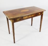 A George III mahogany and marquetry inlaid side table, with three frieze drawers, paterae motifs