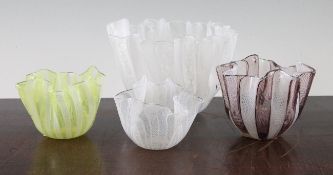 Four Venini latticino glass handkerchief vases, c.1940, the largest with white gauze work threads,