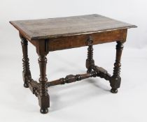 An oak side table, with single frieze drawer and turned underframe W.3ft 7in.
