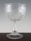 A massive Stourbridge glass goblet, late 19th century, wheel engraved and intaglio cut with flowers
