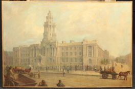 19th century English Schooloil on canvas,View of a town hall,24 x 36in., unframed