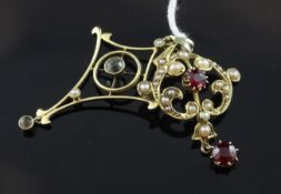 Two Edwardian 15ct gold and gem set drop pendants, both approx. 1.5in.