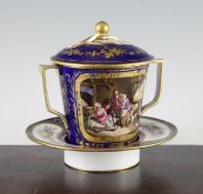 A Sevres style cup, cover and trembleuse saucer, 19th century, the cup painted with an interior