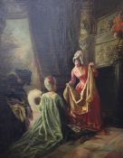 L.W.Gilbertoil on canvas,18th century interior with ladies examining fabrics,25ins x 21ins