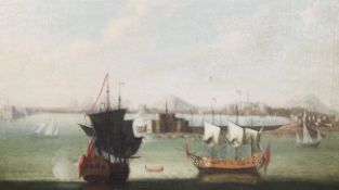 After Guardioil on canvas,Shipping off a fortified harbour,21.5 x 36in.