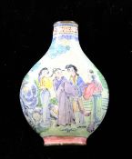 A Chinese enamel on copper snuff bottle, Qianlong mark, 1800-1880, decorated with a man and ladies