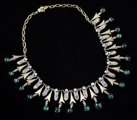 A mid 20th century Victorian style gold, old cut diamond and cabochon emerald drop fringe necklace,