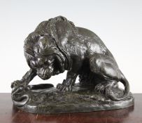 Antoine Louis Barye (1796-1875). A green patinated bronze group of a lion and serpent, signed