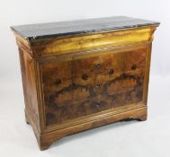 A 19th century French walnut commode, with marble top over single cushion shaped frieze drawer