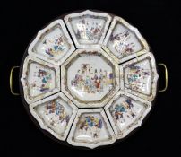 A Chinese famille rose Mandarin pattern nine piece supper set, Qianlong period, composed of a