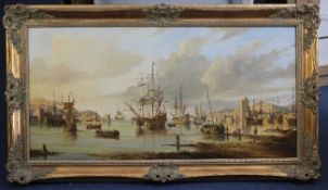 John L. Chapman (b.1946)oil on canvas,17th century marine with shipping in harbour,signed,20 x