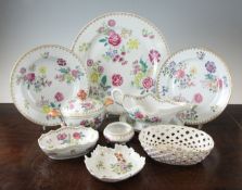 A Chinese export thirty four piece famille rose part dinner service, Qianlong period, each piece