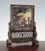 A Chinese soapstone, mother of pearl and bone overlaid table screen, with rosewood frame and stand,