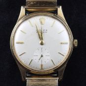 A gentleman`s early 1960`s 9ct gold Rolex Precision manual wind wrist watch, with baton numerals