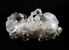 A Chinese rock crystal figural snuff bottle, 20th century, carved in the form of a recumbent deer